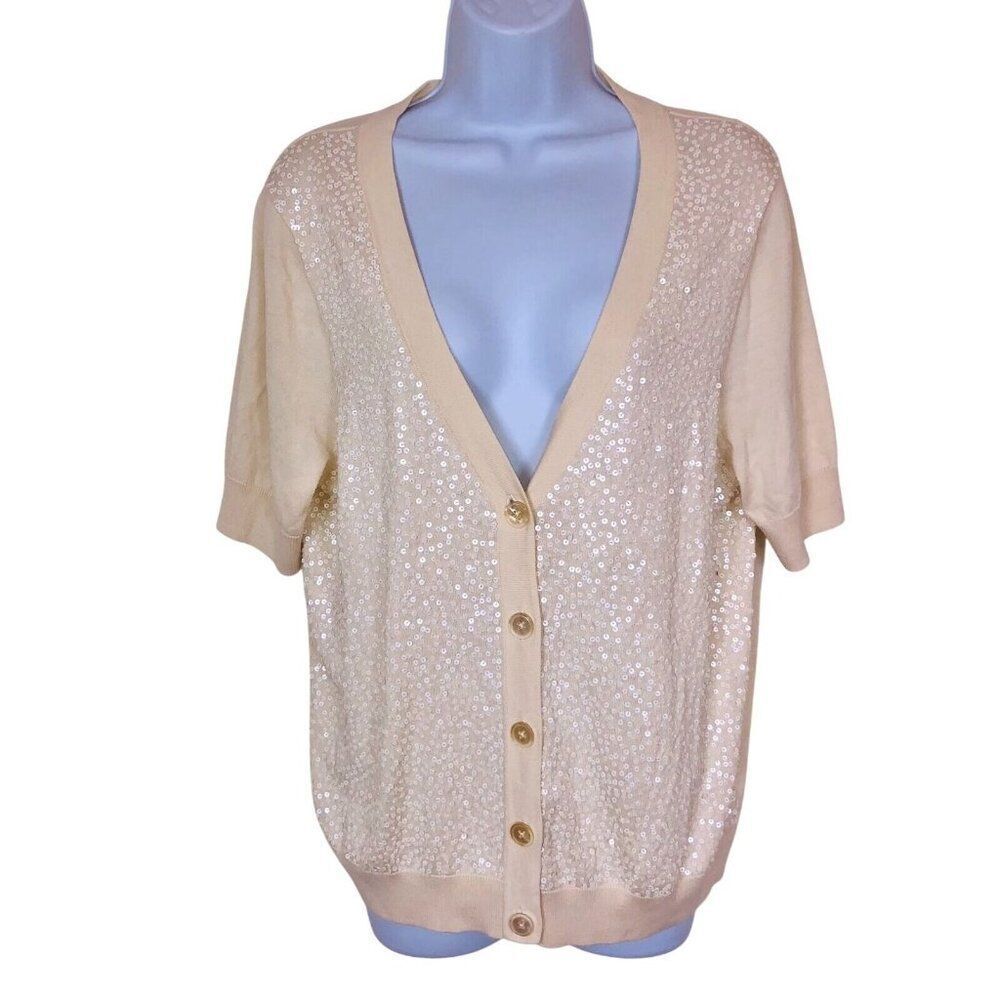 Talbots Knit Top Womens XL Sweater Beige Short Sleeve Cardigan V Neck Sequins